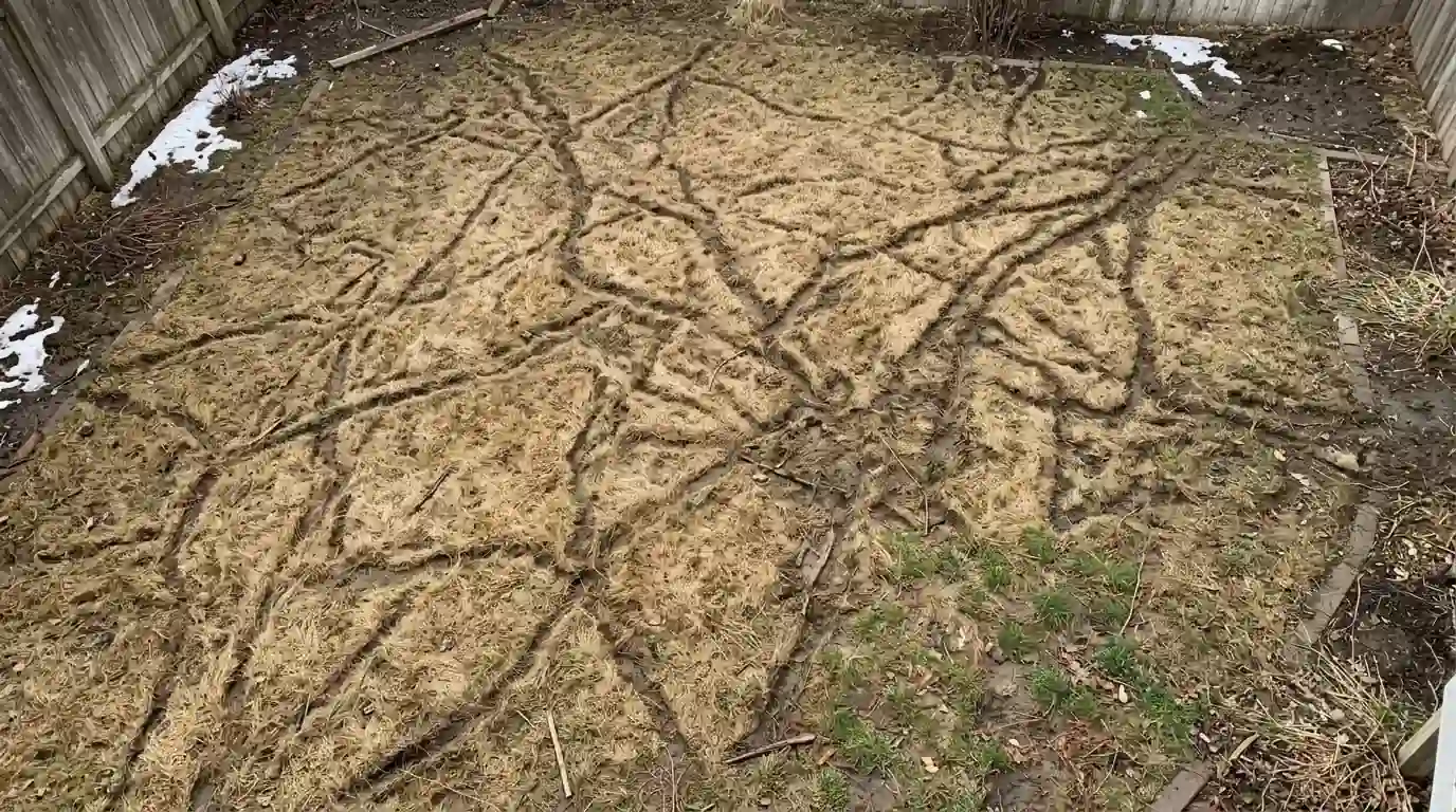 Vole runways across a lawn after snowmelt