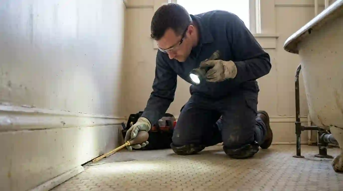 Technician dusting a bathroom baseboard gap
