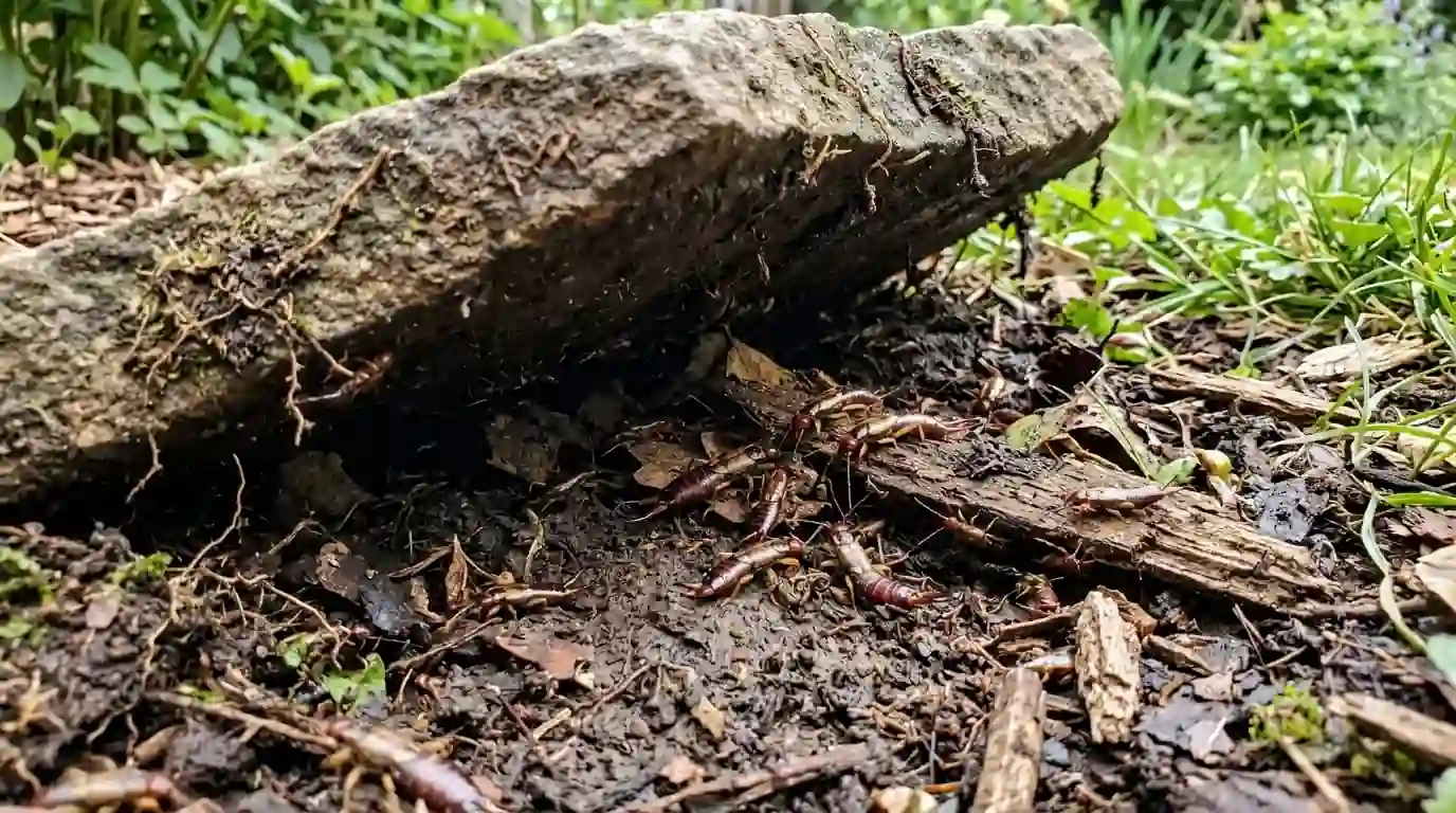 Earwigs under a lifted flagstone