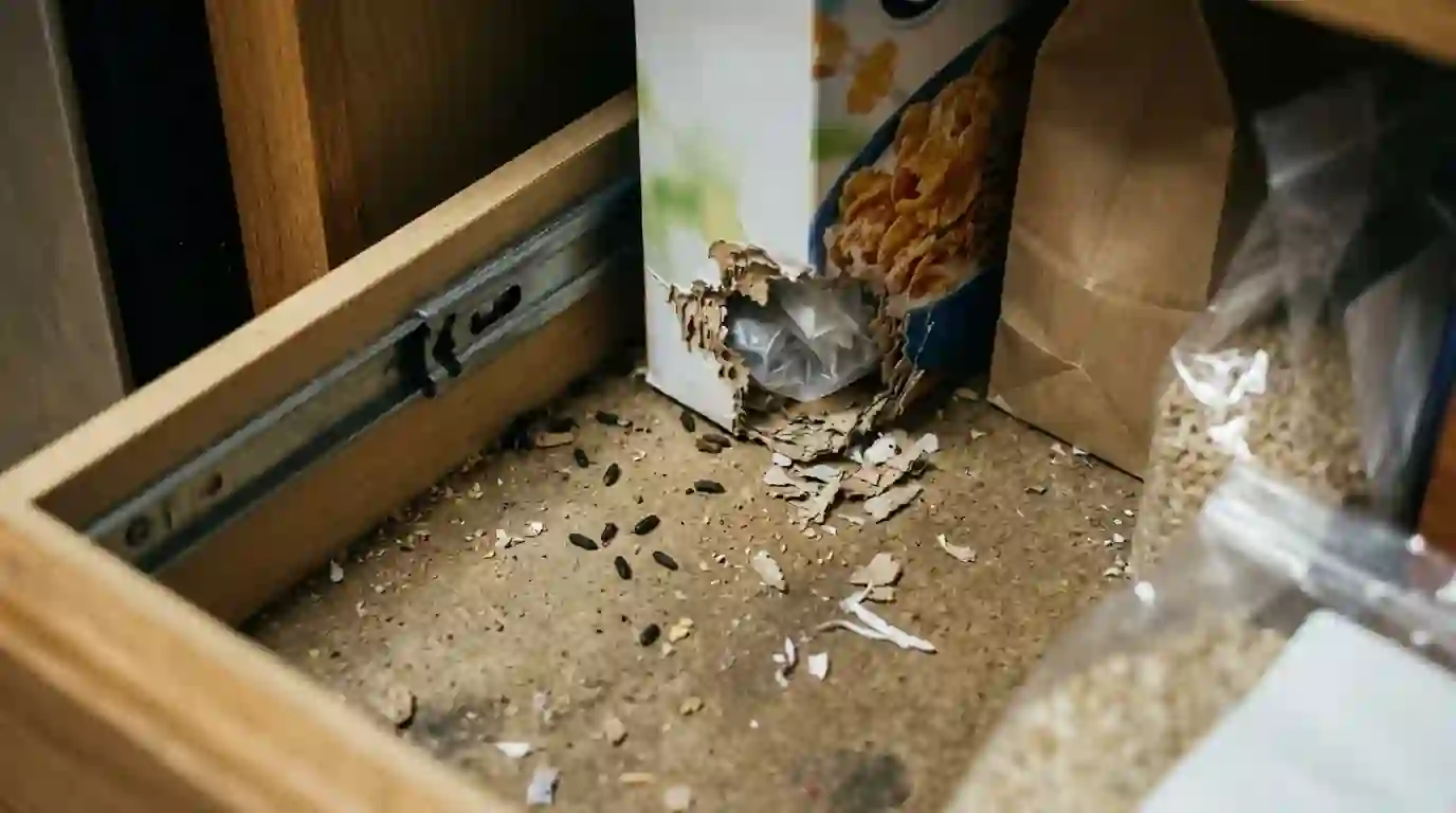 Mouse droppings and a chewed cereal box in a pantry drawer