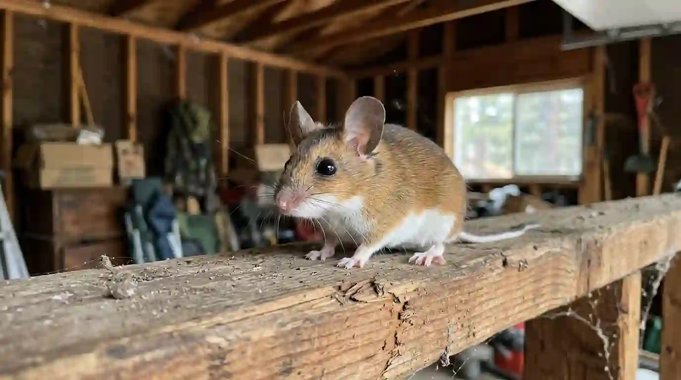 Deer mouse on a wooden beam in a garage