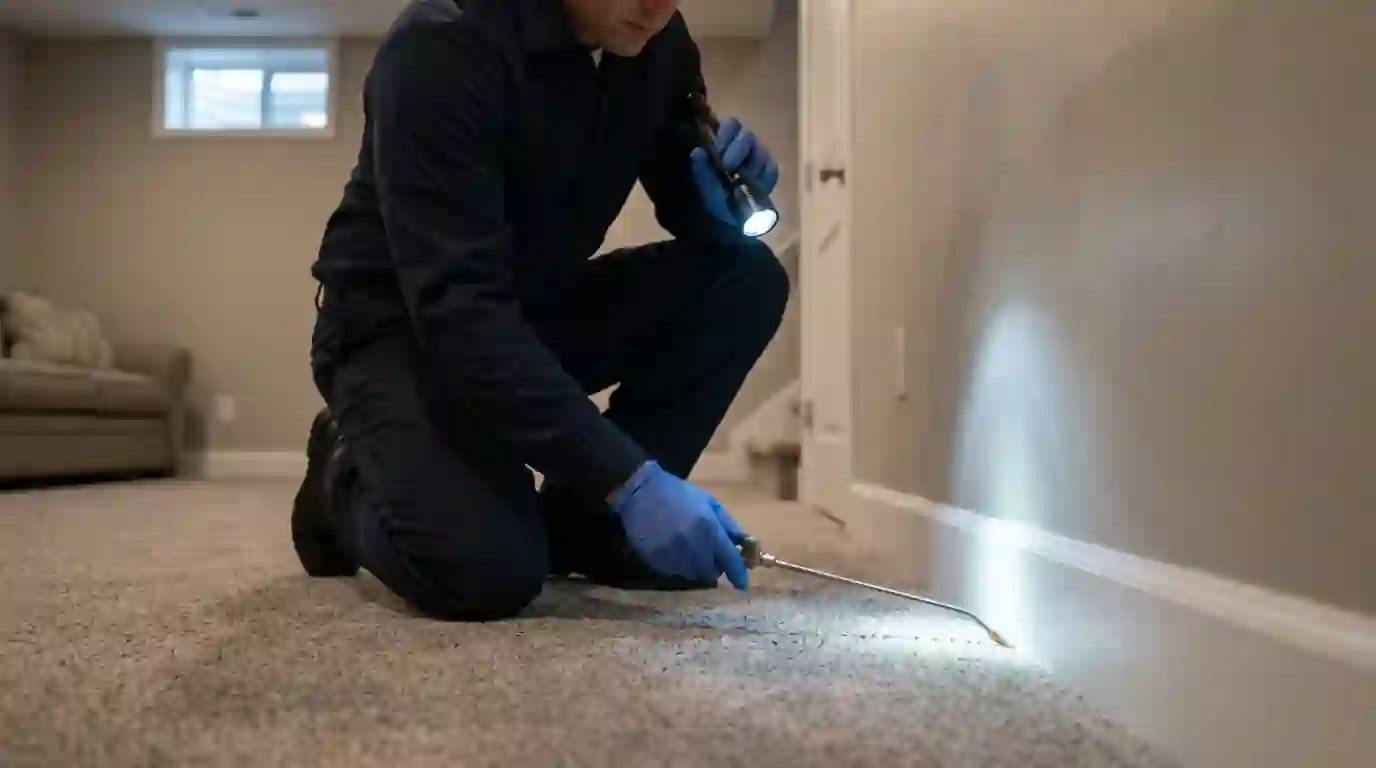 Crack and crevice treatment along a basement baseboard