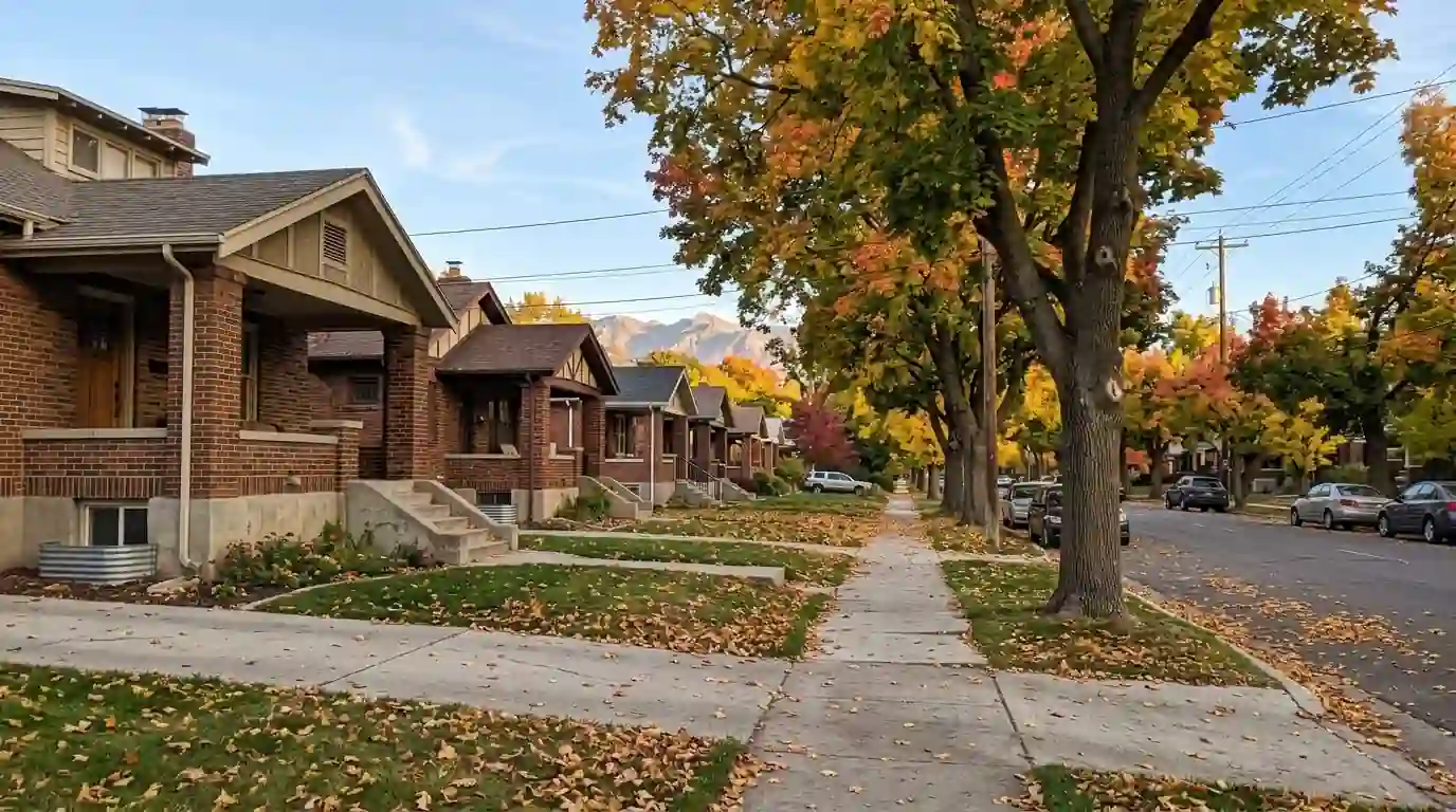 Older brick bungalows with basement window wells on a Salt Lake City street in early October