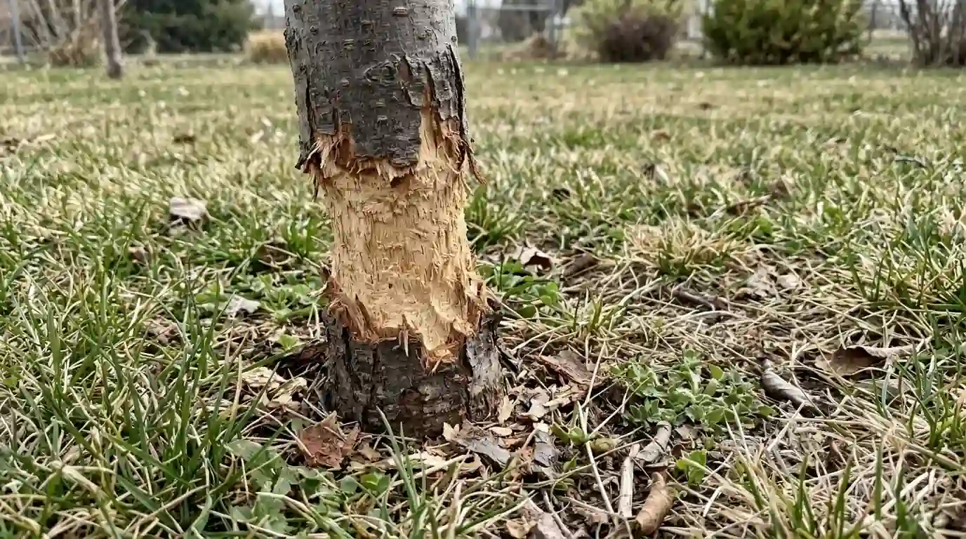 Young tree girdled by voles at the base