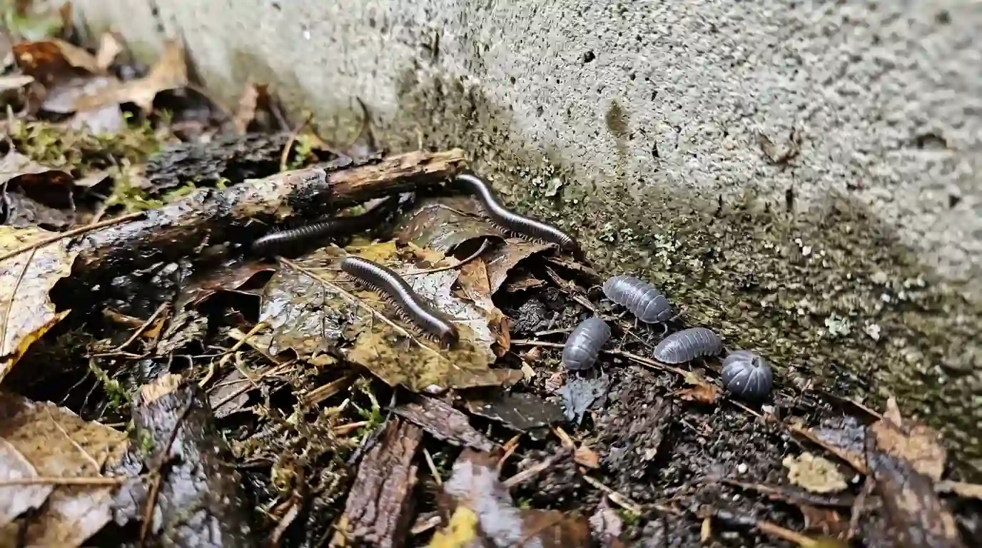Millipedes and pill bugs under damp leaves by a foundation