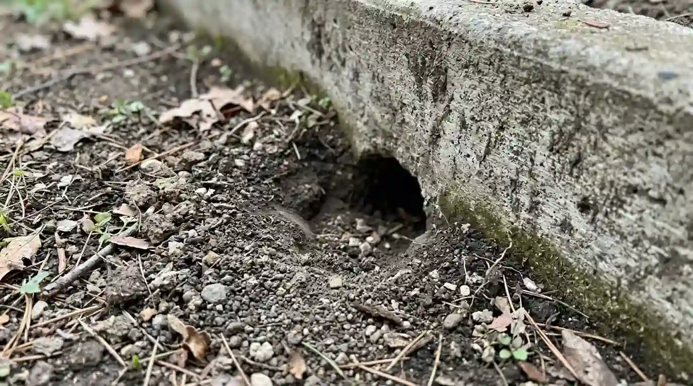 Rat burrow beside a foundation