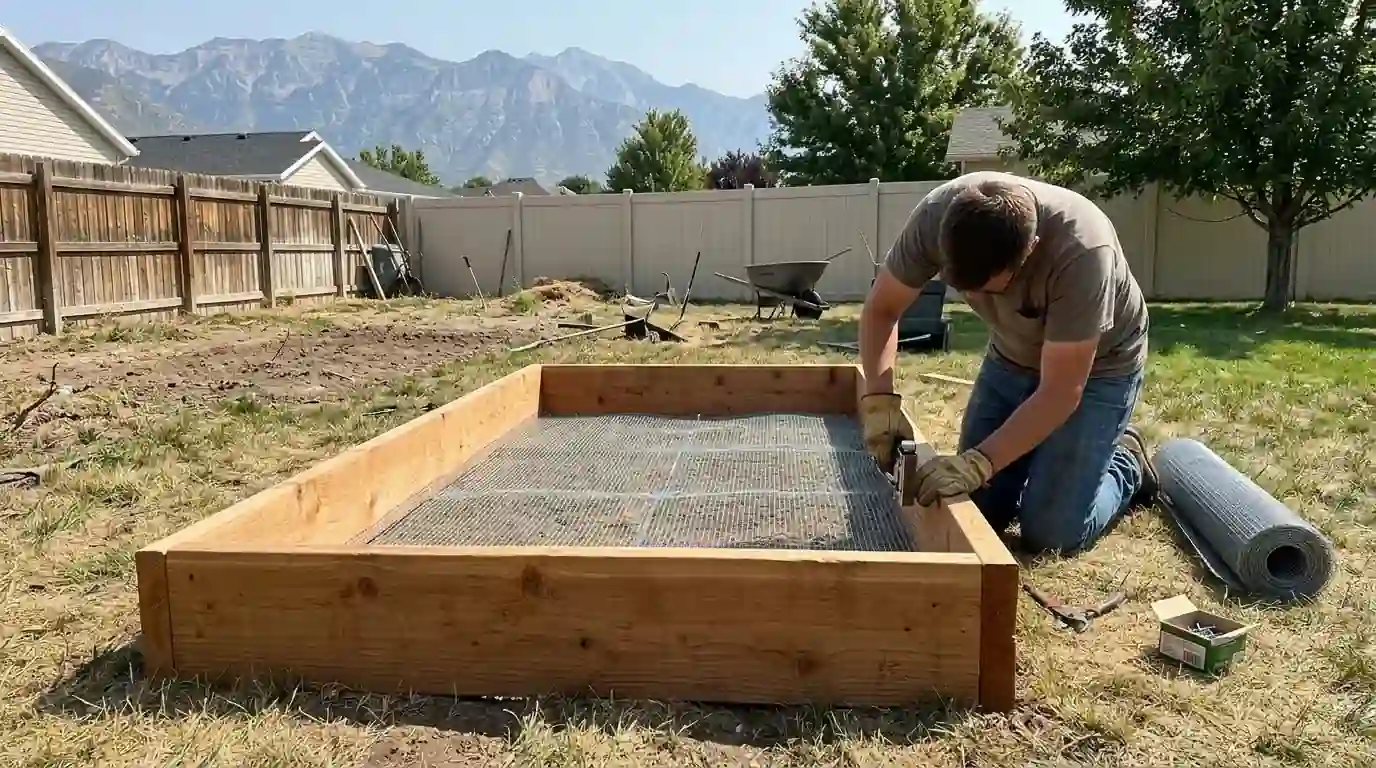 Raised garden bed lined with hardware cloth