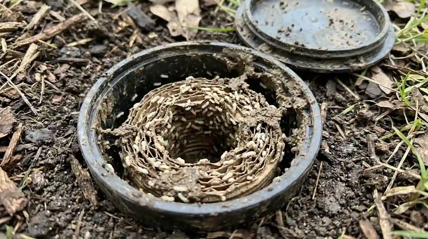 Opened bait station showing termite activity