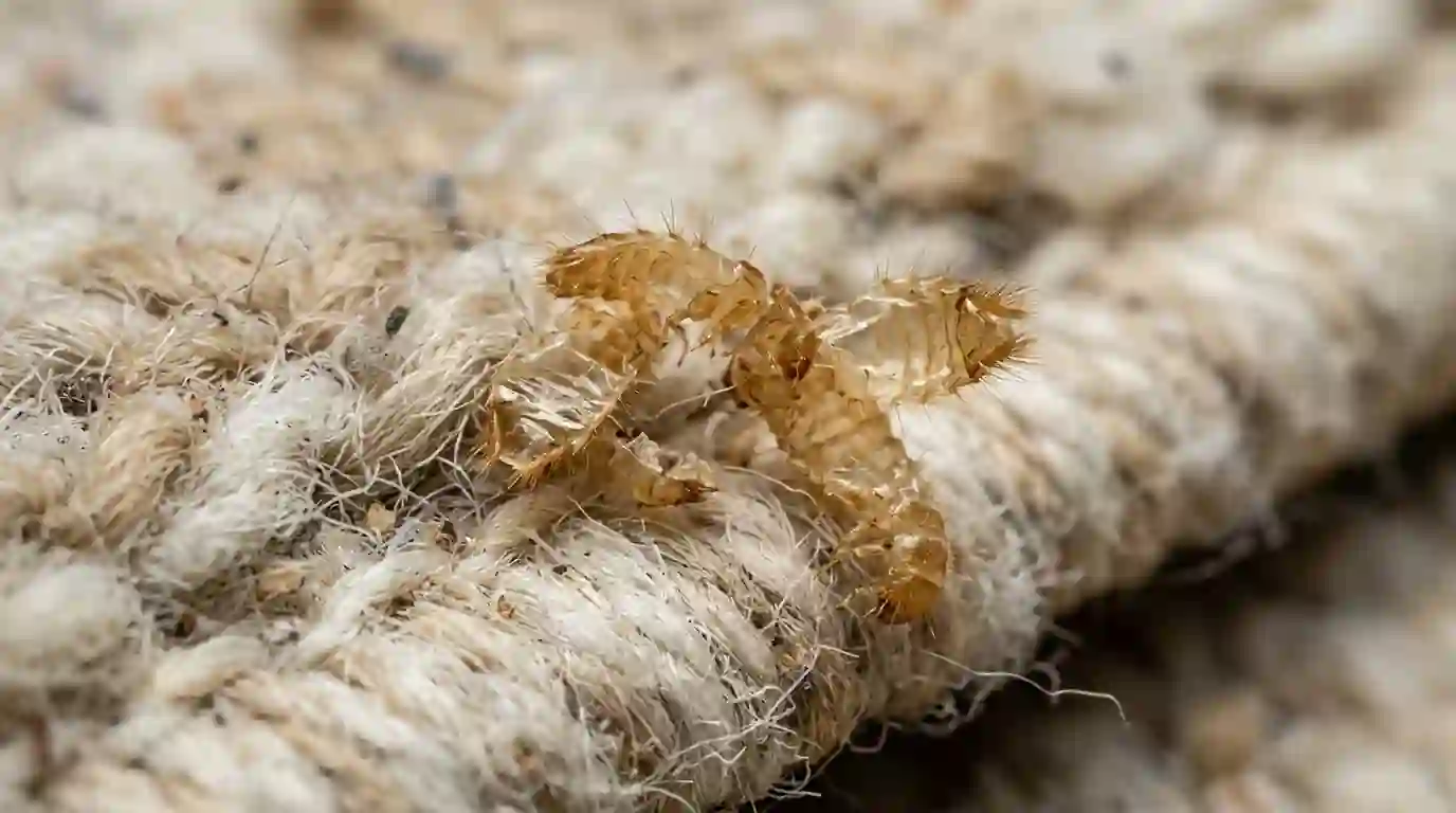 Carpet beetle larvae and shed skins on a rug edge