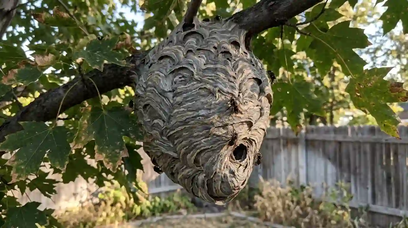Bald-faced hornet nest hanging from a maple branch